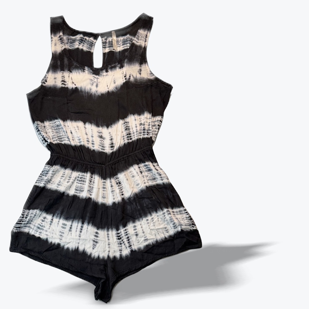 Mona B Romper Sleeveless Mesh Keyhole Tie Dye Black White Medium Resort Wear